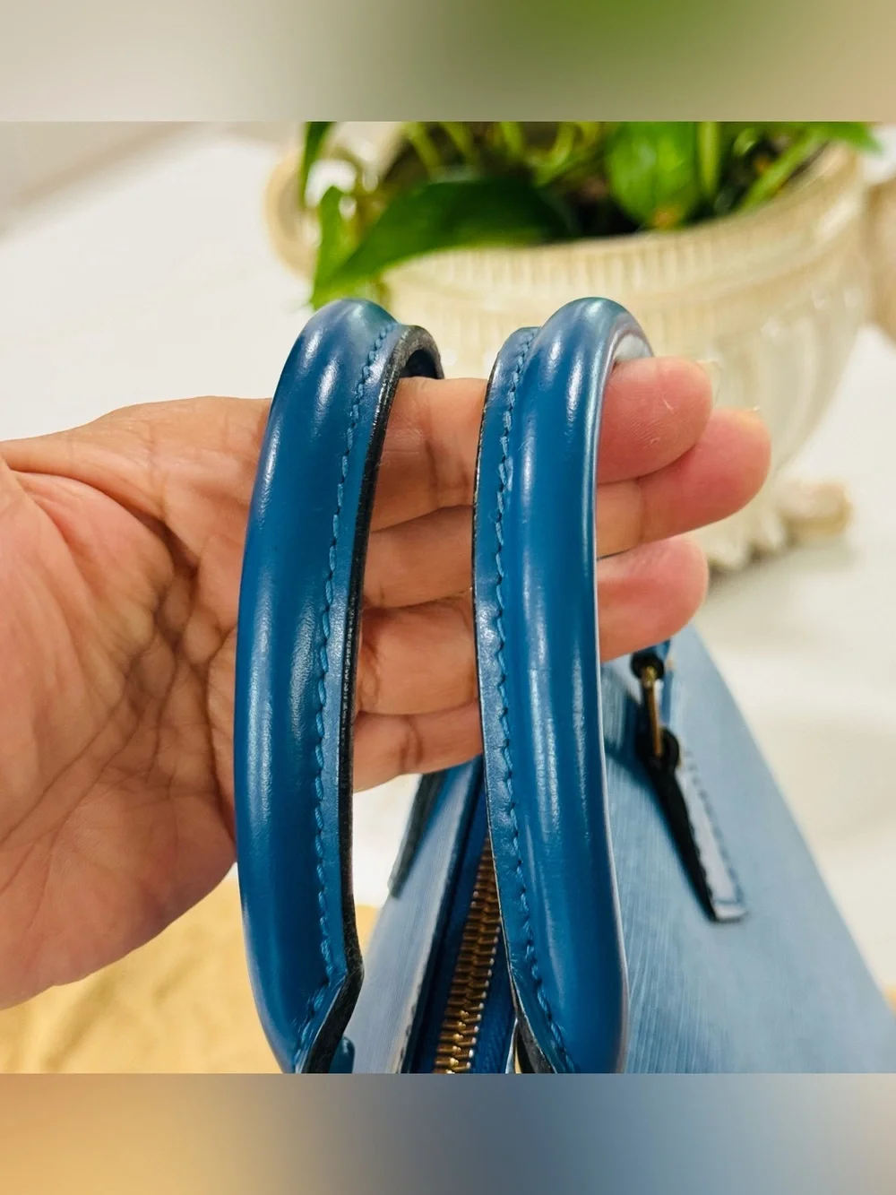 Louis Vuitton Blue Epi Alma Satchel with Gold Hardware